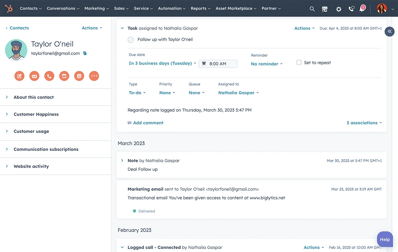 HubSpot contact management software showing a contact record